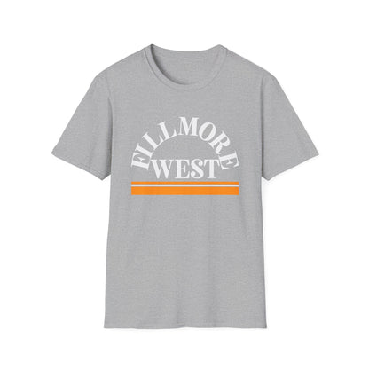 Light grey t-shirt with "Fillmore West" text and orange stripes.