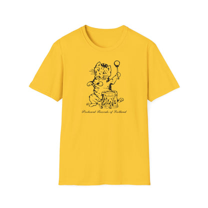 Yellow t-shirt with black ink drawing of a cat playing a drum and the text "Postcard Records of Scotland".