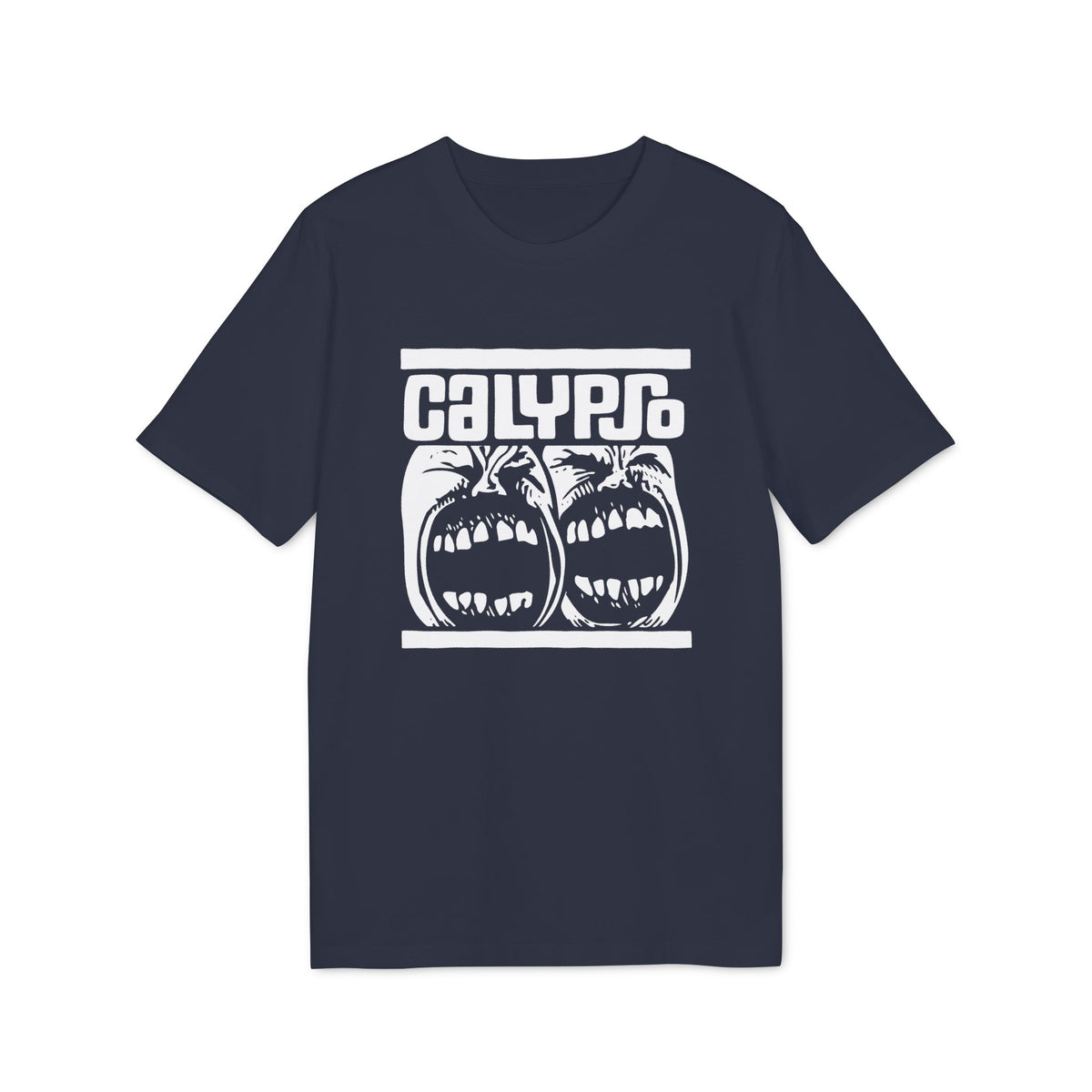 Dark t-shirt with white Calypro logo and two screaming faces graphic.