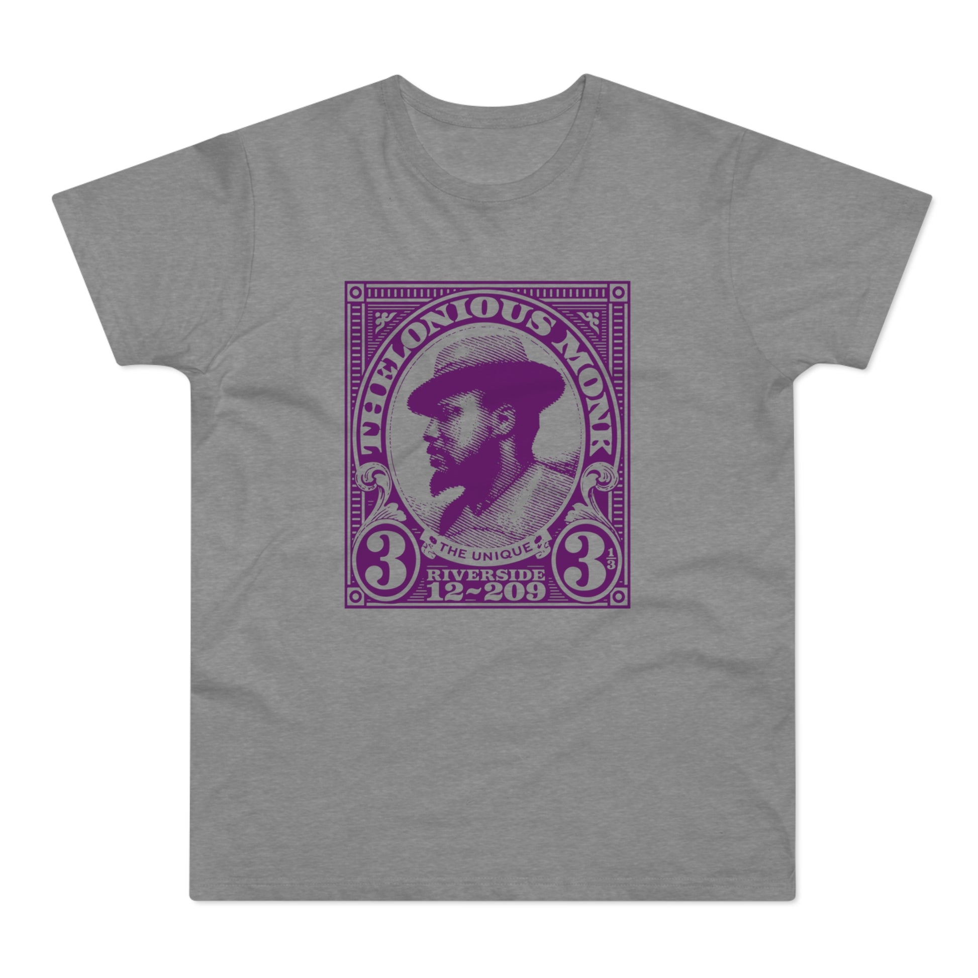 Thelonious Monk portrait featured on a purple postage stamp graphic on a grey t-shirt.