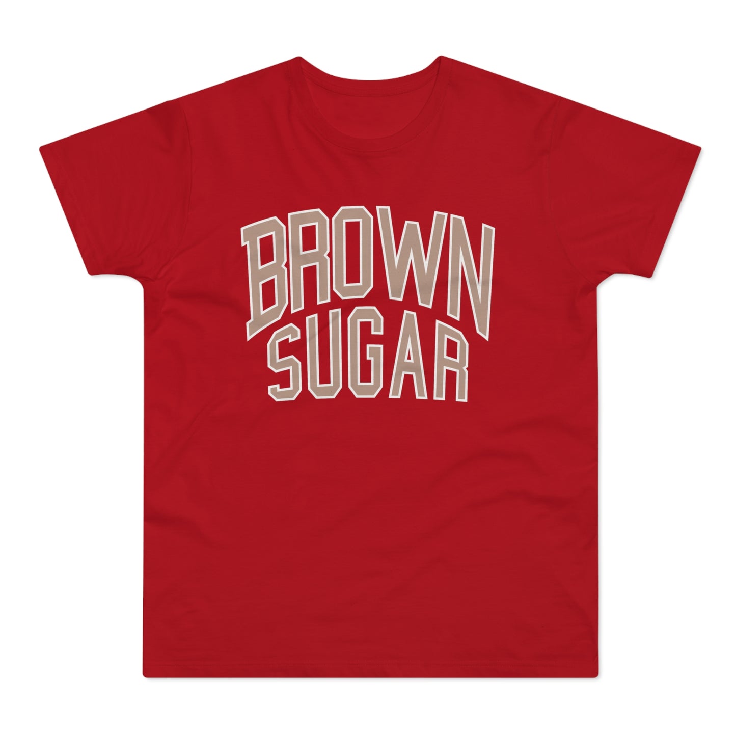 Red t-shirt with "BROWN SUGAR" text in beige, outlined letters.
