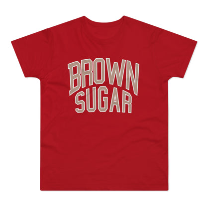 Red t-shirt with "BROWN SUGAR" text in beige, outlined letters.