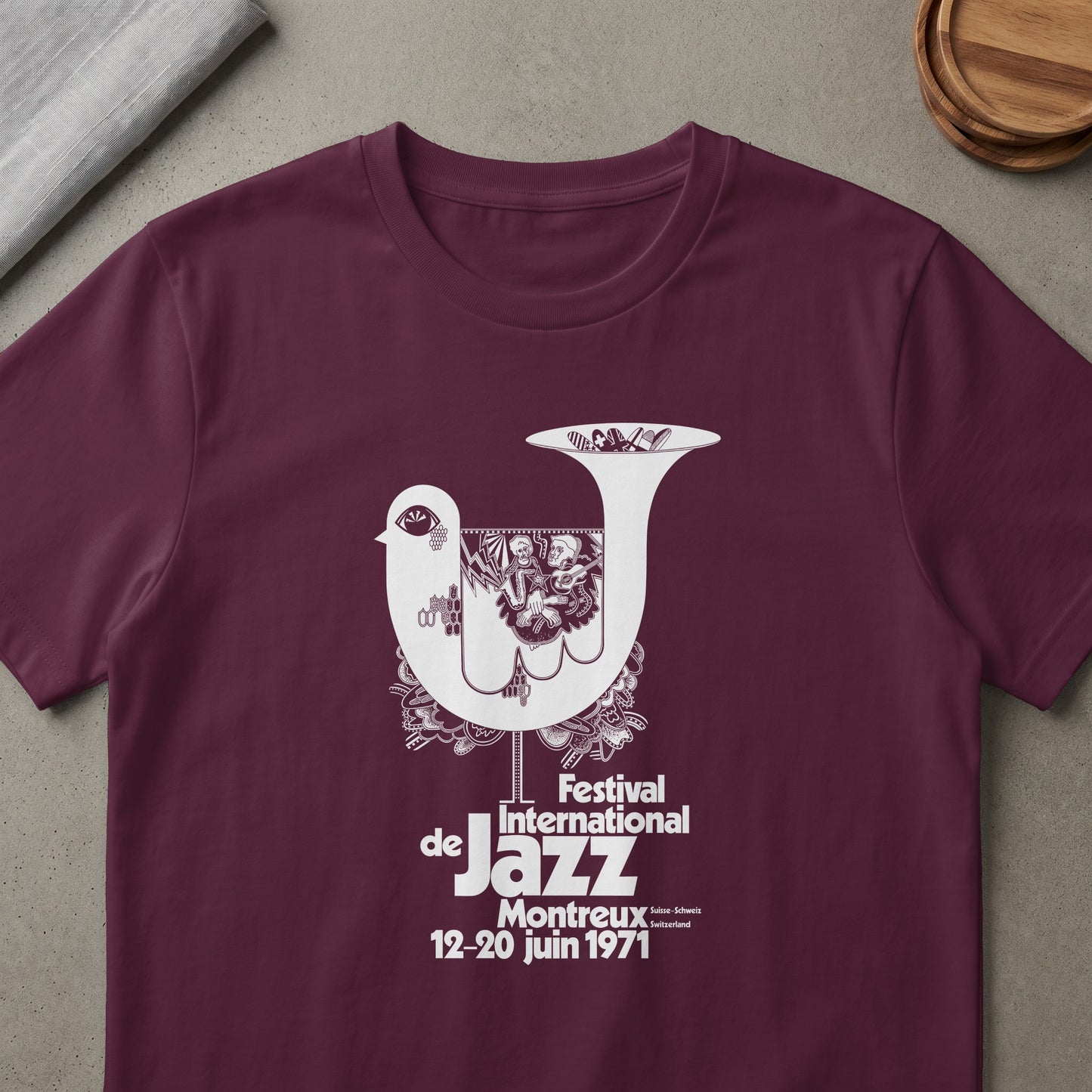 Burgundy t-shirt with white International Jazz Festival Montreux 1971 graphic.