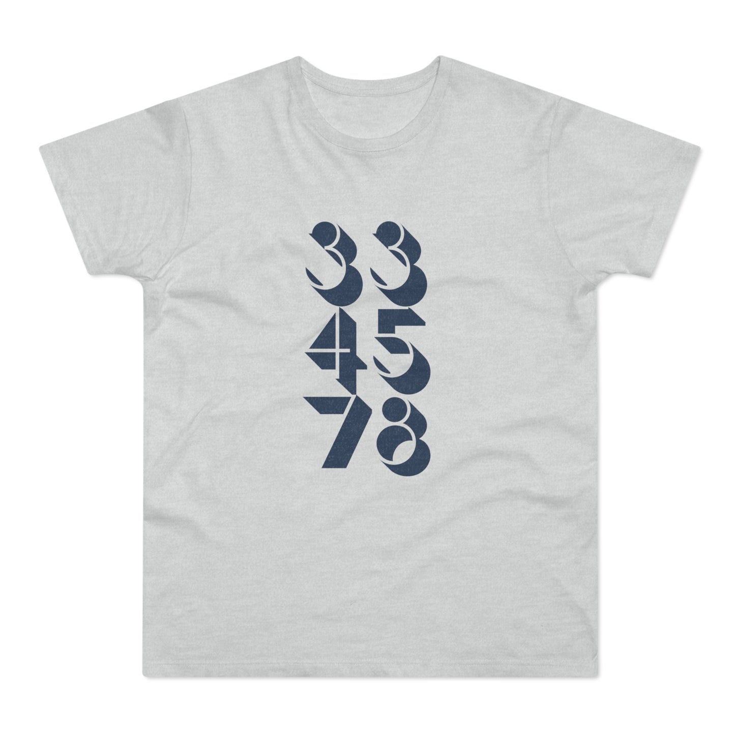 Light grey t-shirt with a vertical dark blue number graphic featuring 33, 45, and 78.