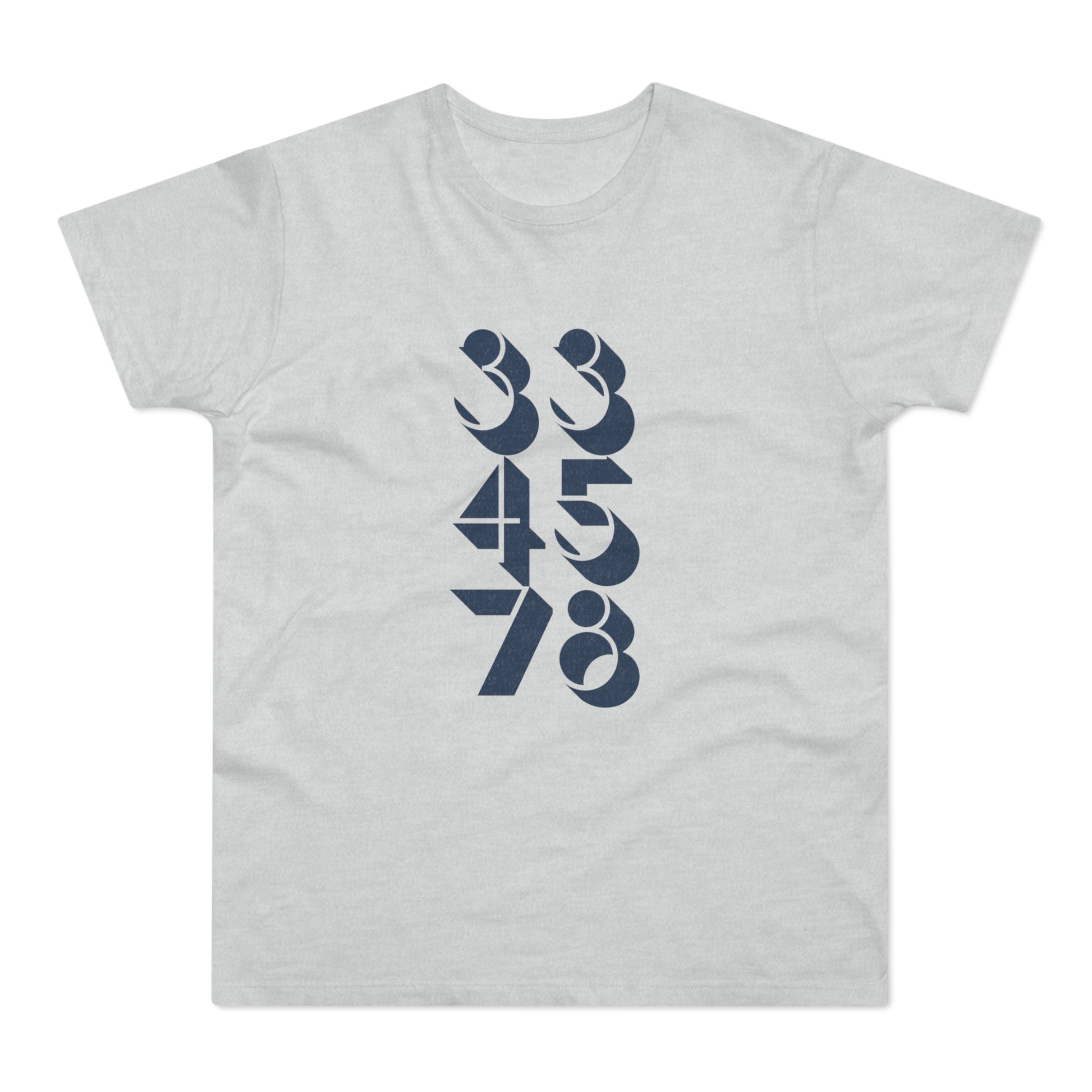 Light grey t-shirt with a vertical dark blue number graphic featuring 33, 45, and 78.