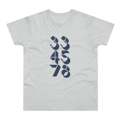 Light grey t-shirt with a vertical dark blue number graphic featuring 33, 45, and 78.