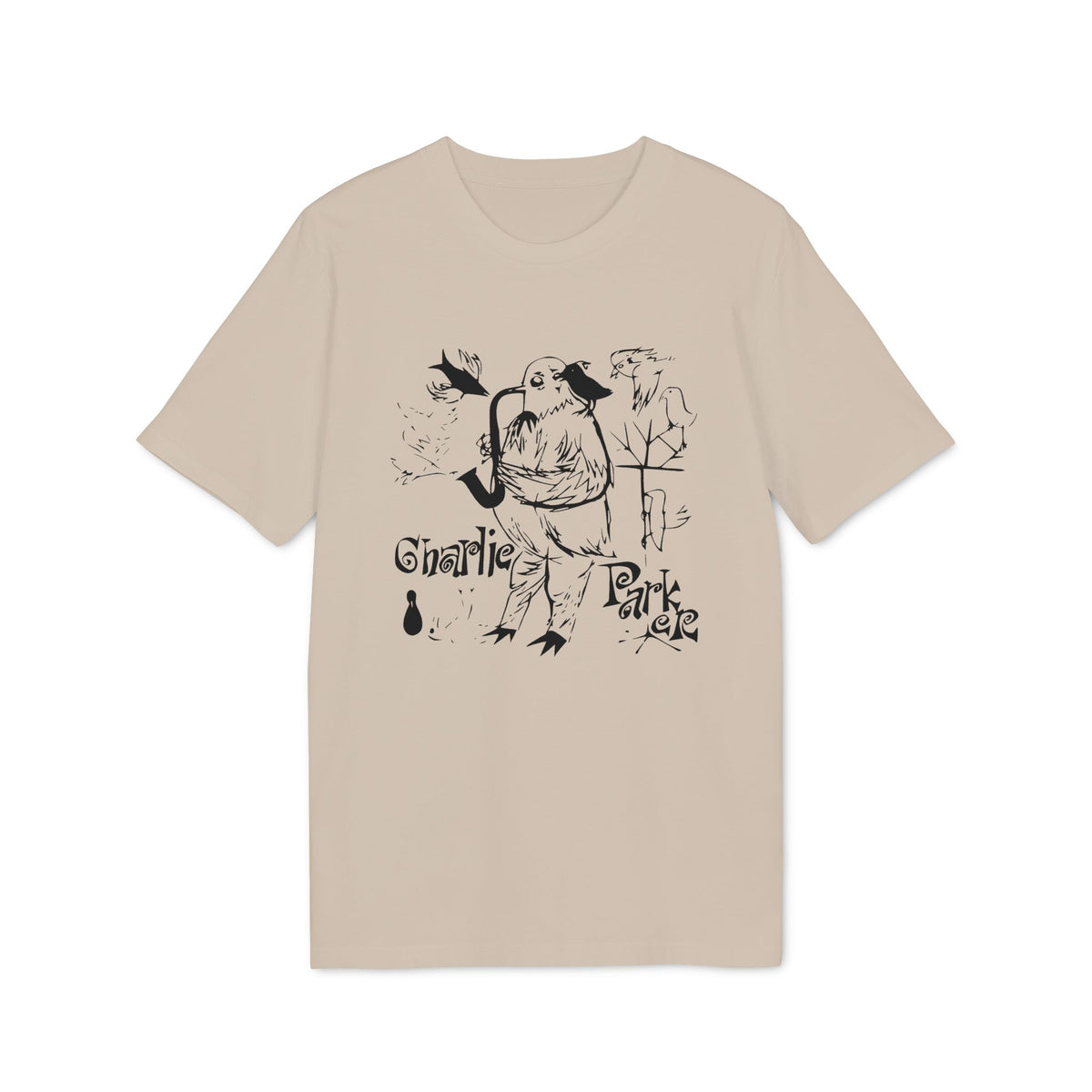 T-shirt with a black ink drawing of a bird playing a saxophone, titled "Charlie Parker".