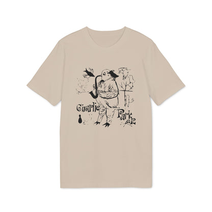 T-shirt with a black ink drawing of a bird playing a saxophone, titled "Charlie Parker".