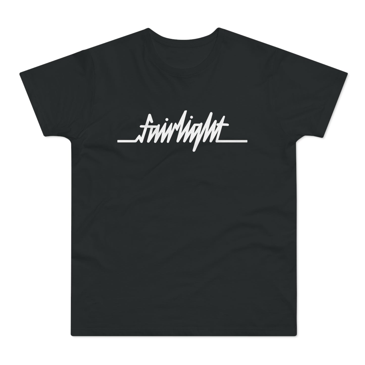 Black t-shirt with white "fairlight" text and electrocardiogram line.