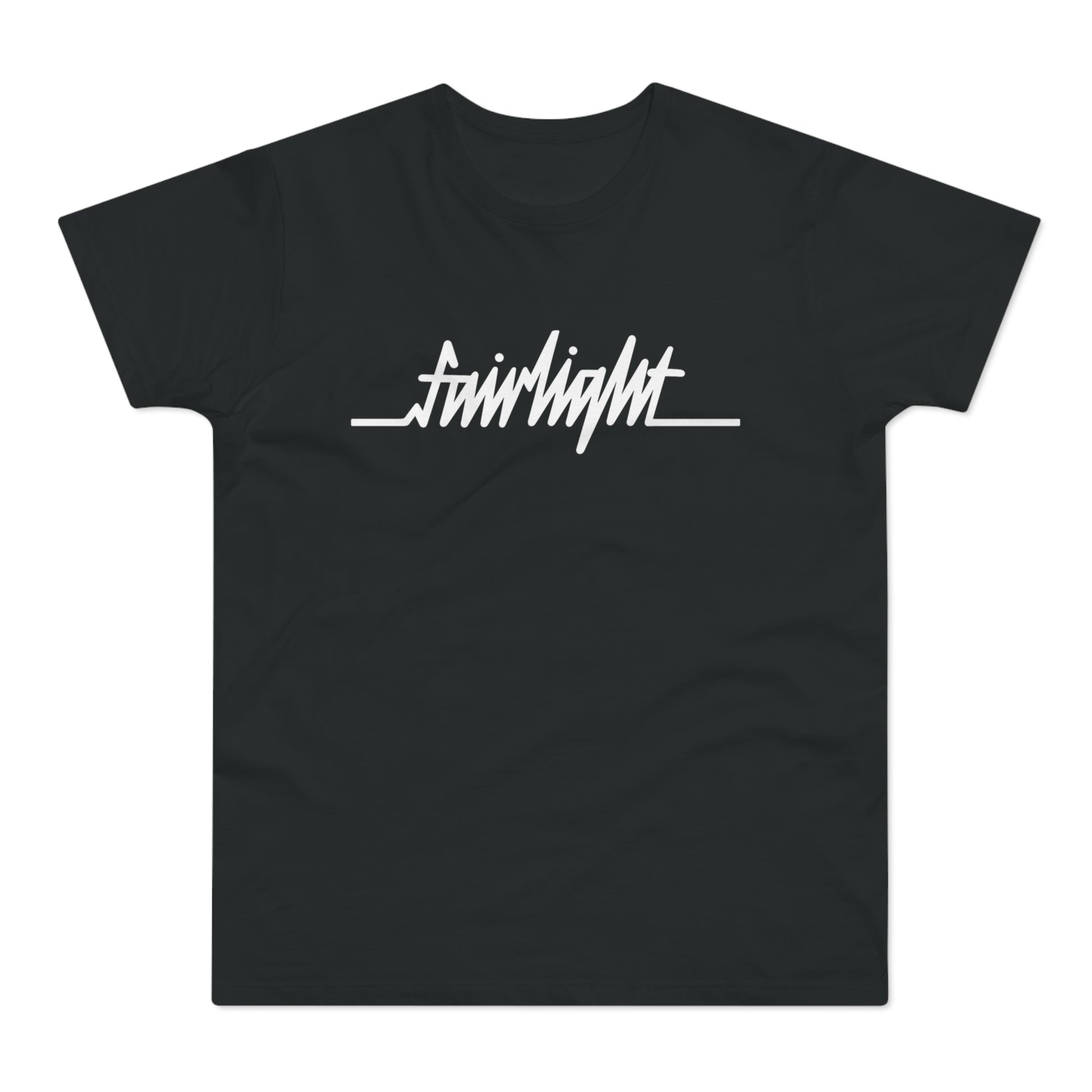 Black t-shirt with white "fairlight" text and electrocardiogram line.