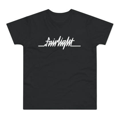 Black t-shirt with white "fairlight" text and electrocardiogram line.