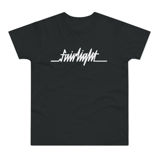 Black t-shirt with white "fairlight" text and electrocardiogram line.