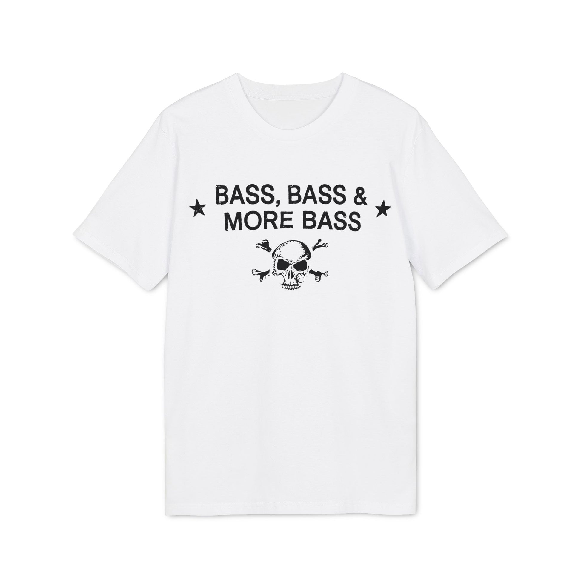 White t-shirt with black text "BASS, BASS & MORE BASS" and a skull graphic.