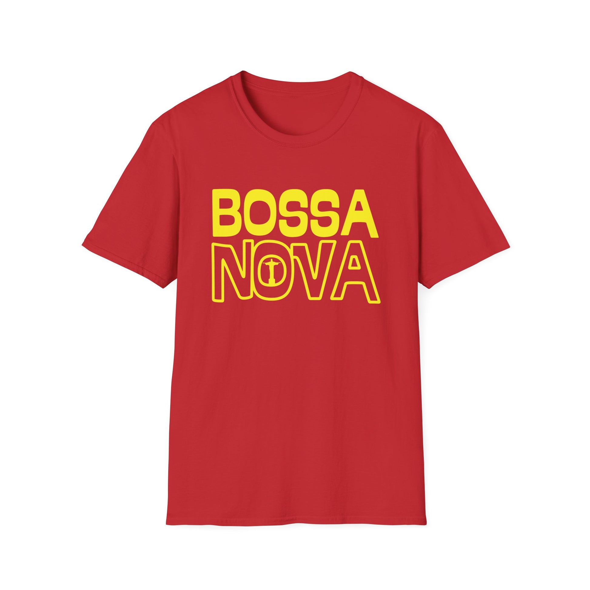 Red t-shirt with yellow "BOSSA NOVA" text and Christ the Redeemer graphic substitute for "O".