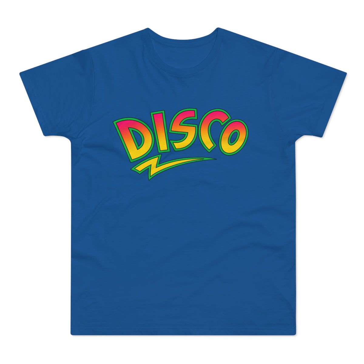 Blue t-shirt with the word "DISCO" in a vibrant, retro font.