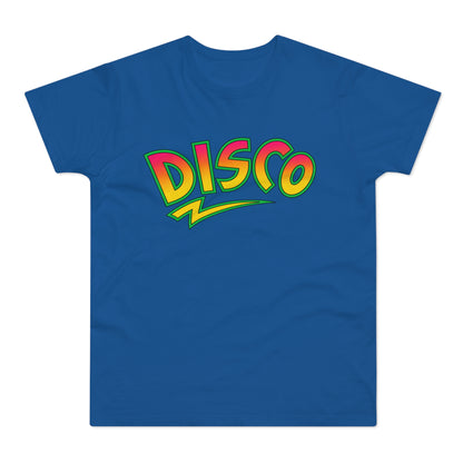 Blue t-shirt with the word "DISCO" in a vibrant, retro font.