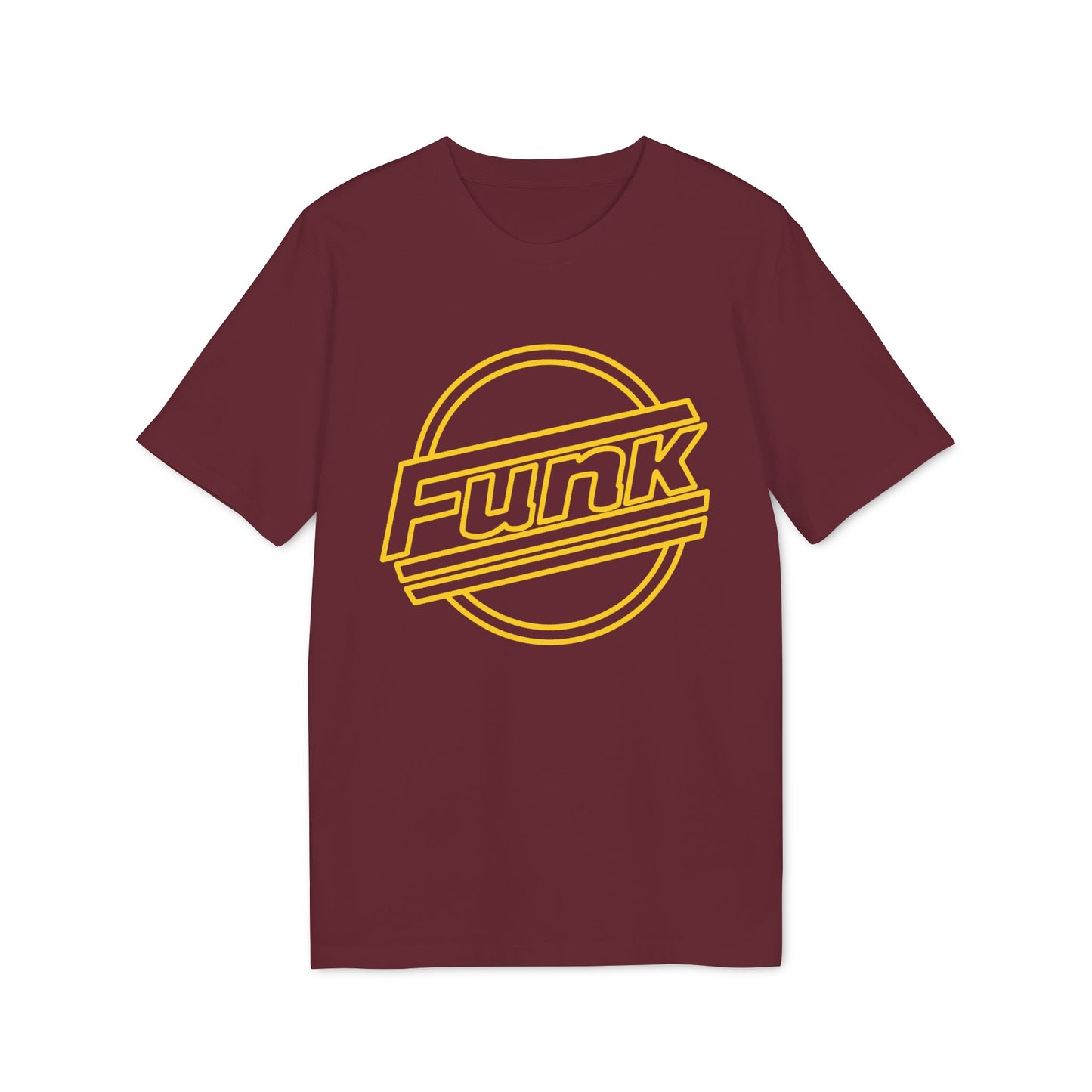 Maroon t-shirt with yellow "Funk" text in a circle.