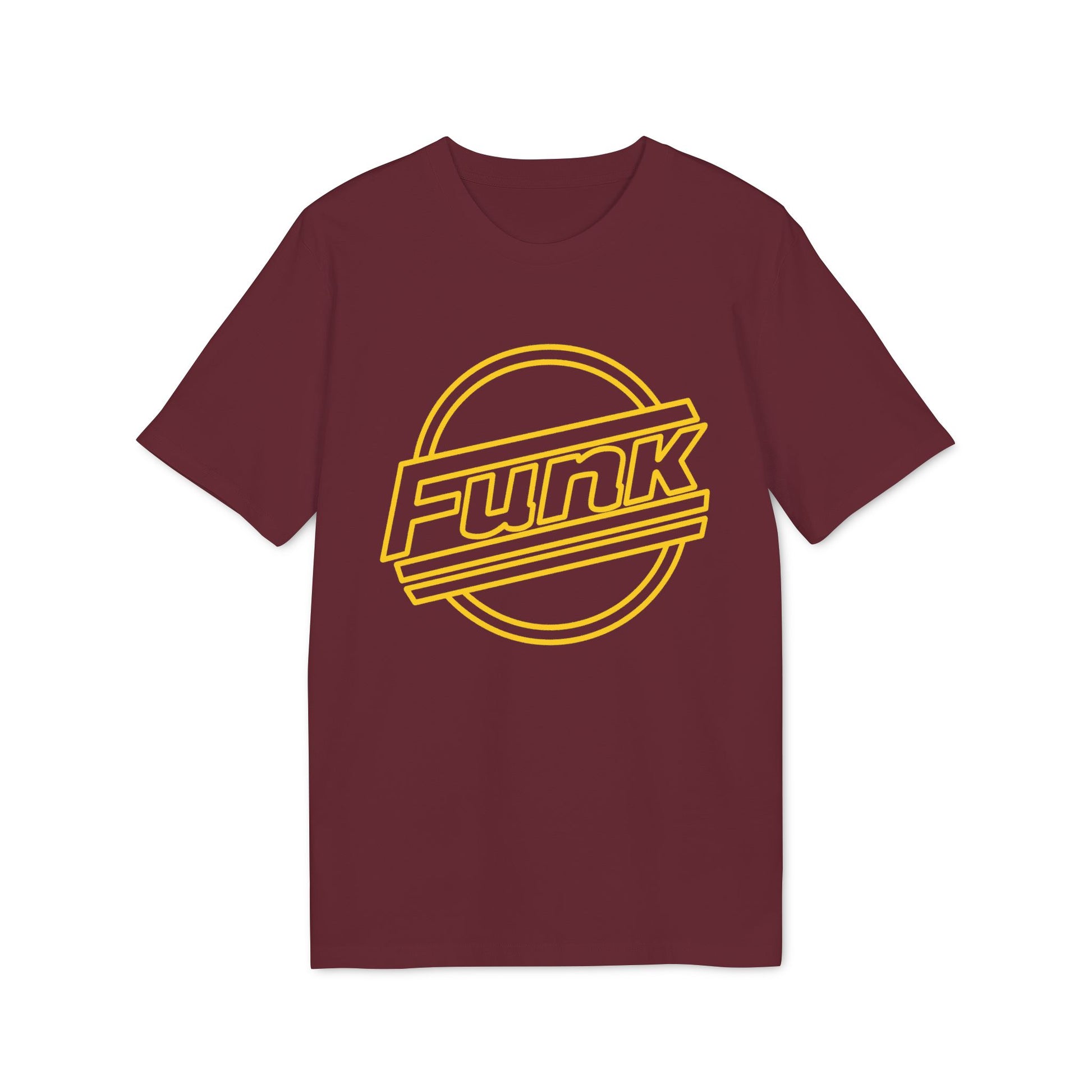 Maroon t-shirt with yellow "Funk" text in a circle.
