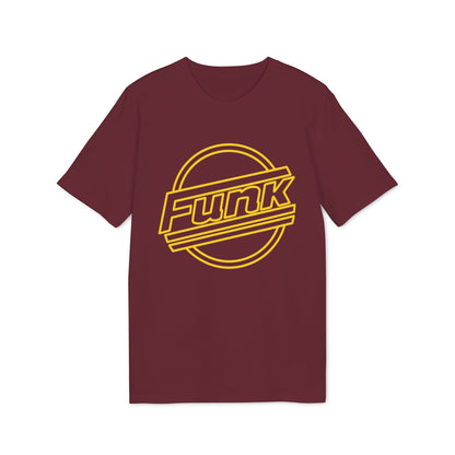 Maroon t-shirt with yellow "Funk" text in a circle.