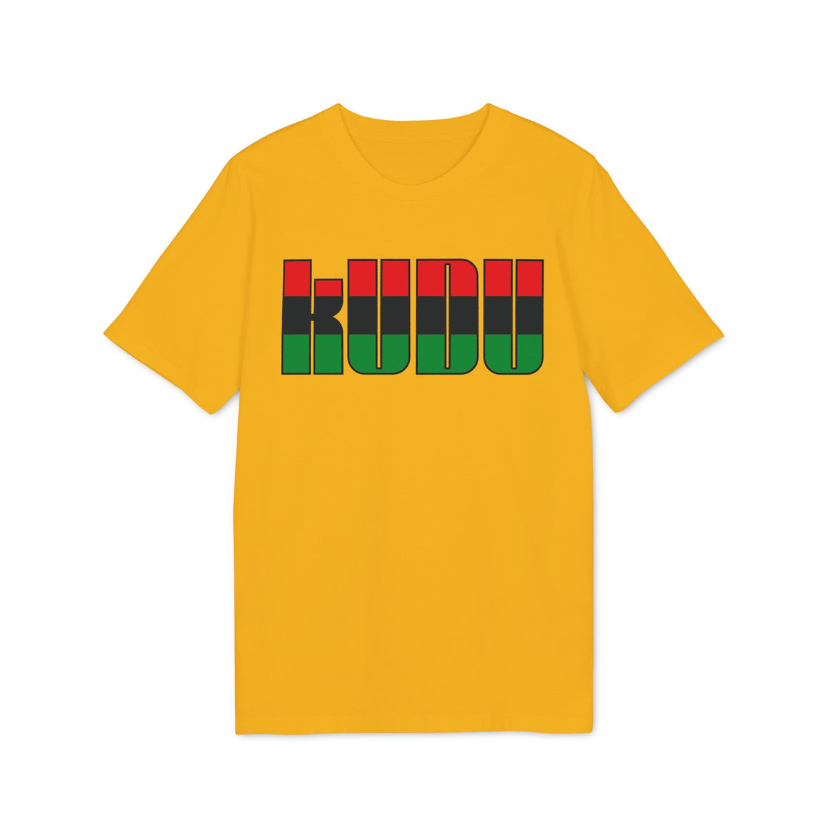 Yellow t-shirt with bold black text "KU DU" in red, black, and green stripes.