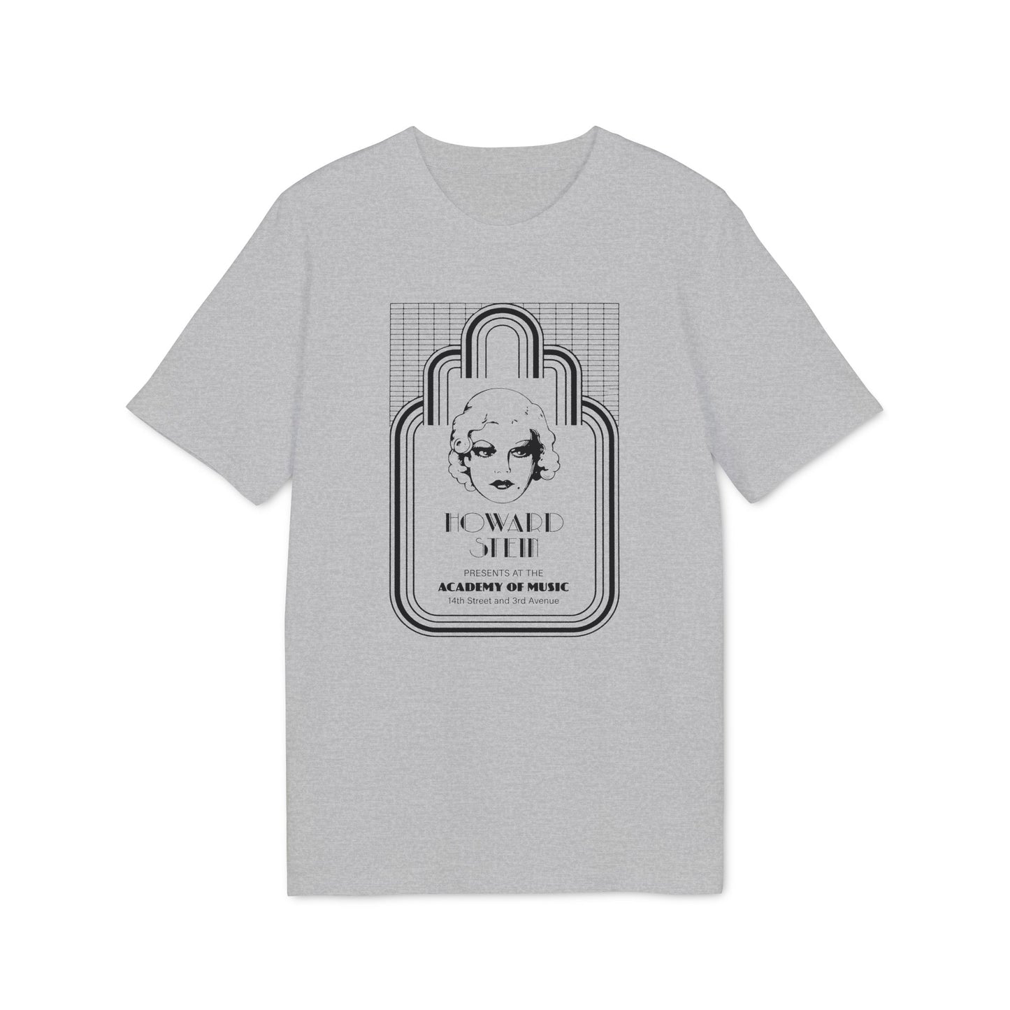 Grey t-shirt with a black graphic of a woman's face and text.