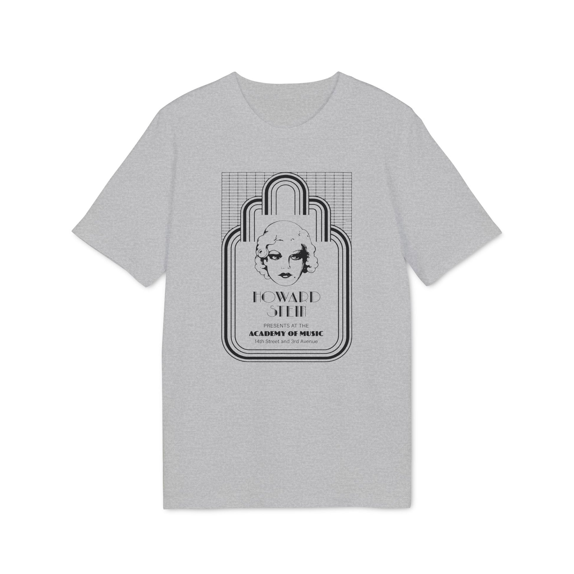 Grey t-shirt with a black graphic of a woman's face and text.
