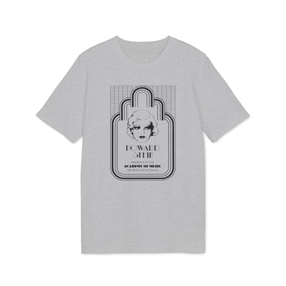 Grey t-shirt with a black graphic of a woman's face and text.