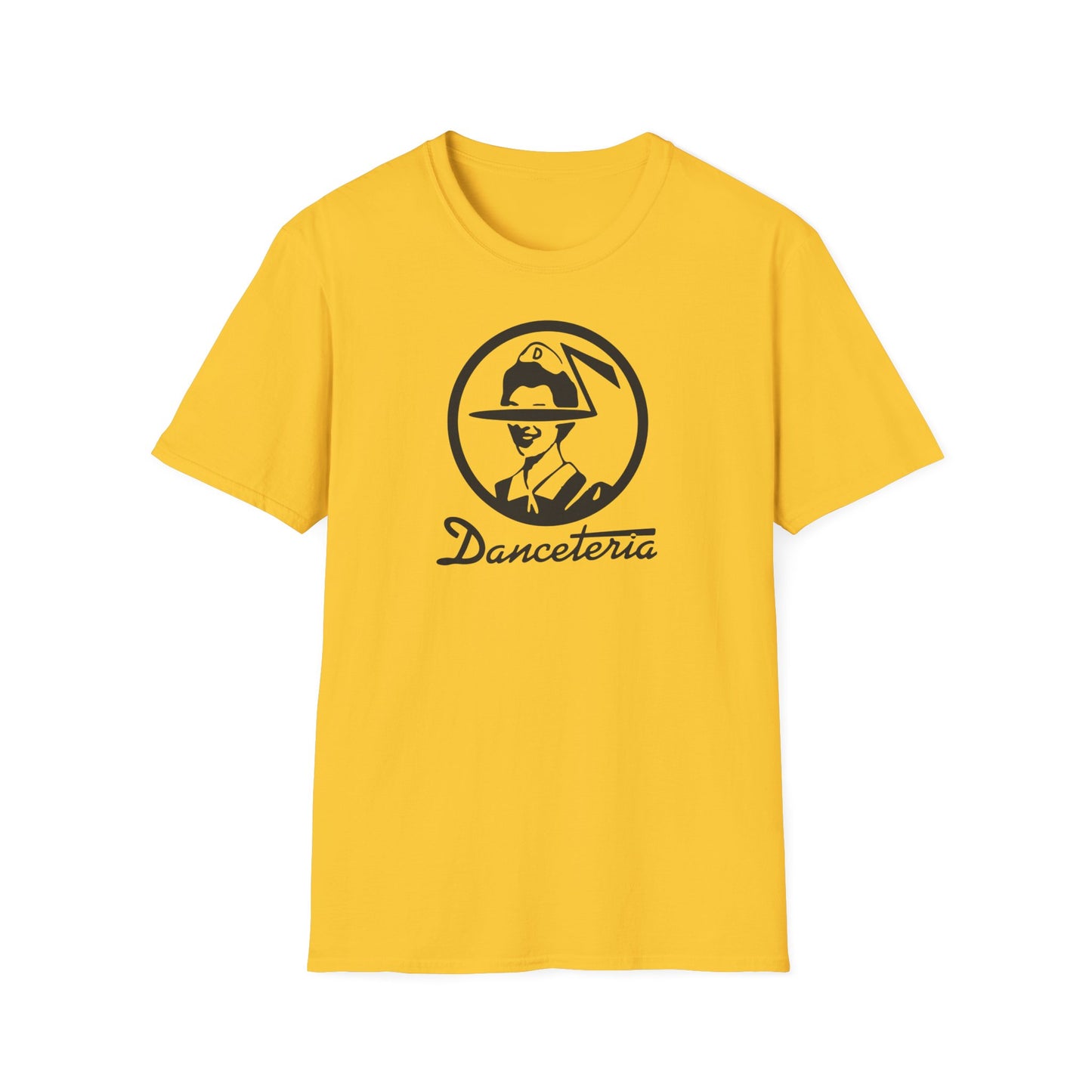 Yellow t-shirt with black graphic of a person wearing a hat and "Danceteria" text.