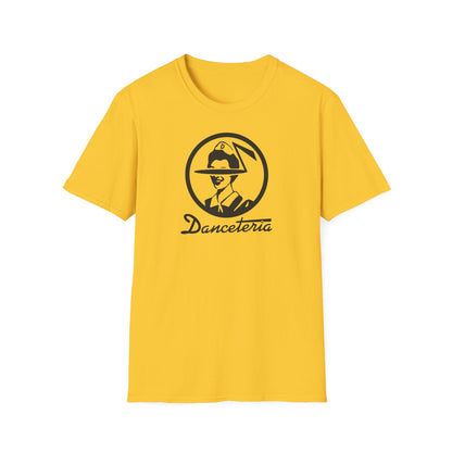 Yellow t-shirt with black graphic of a person wearing a hat and "Danceteria" text.