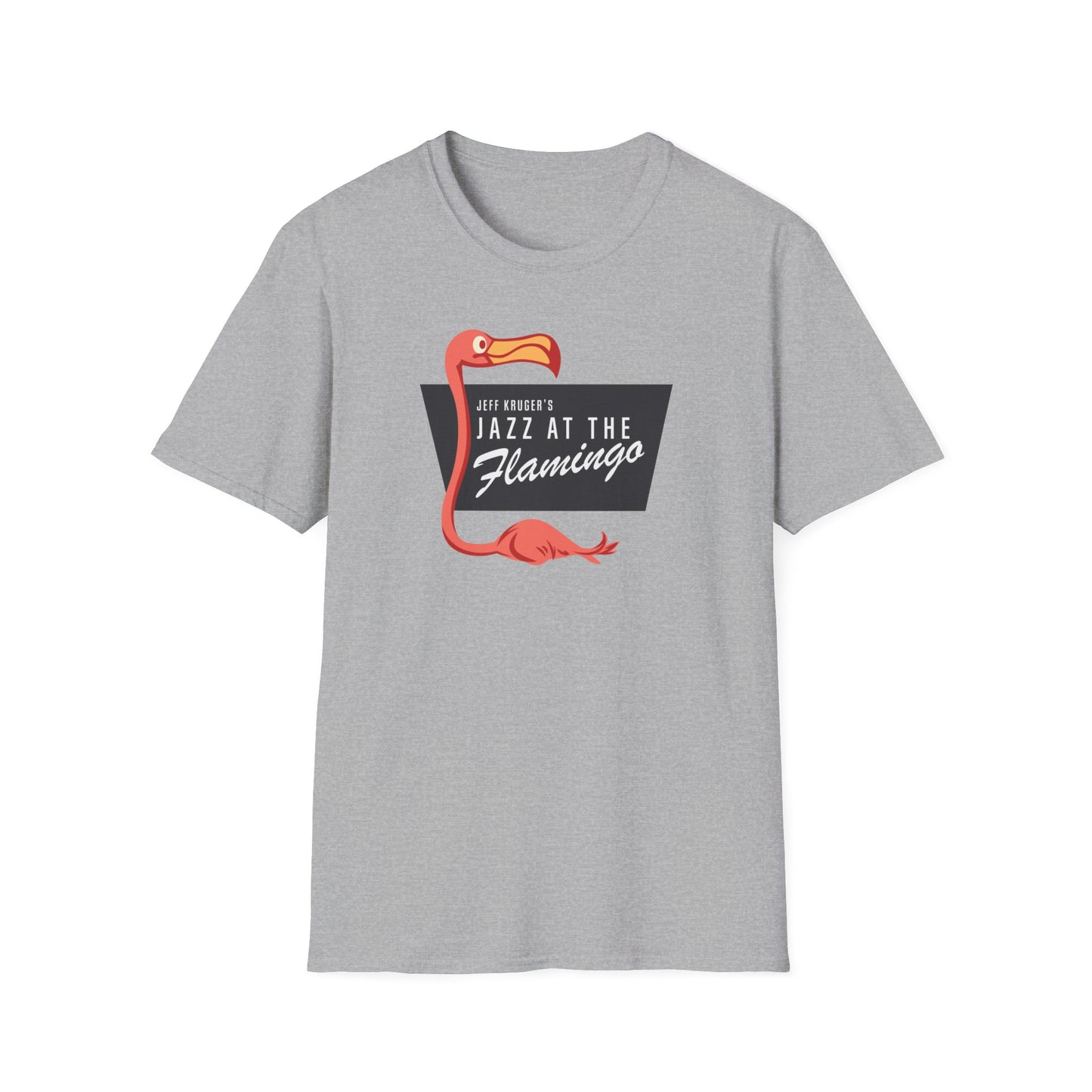 Grey t-shirt with a red flamingo and "Jeff Kruger's Jazz at the Flamingo" text.