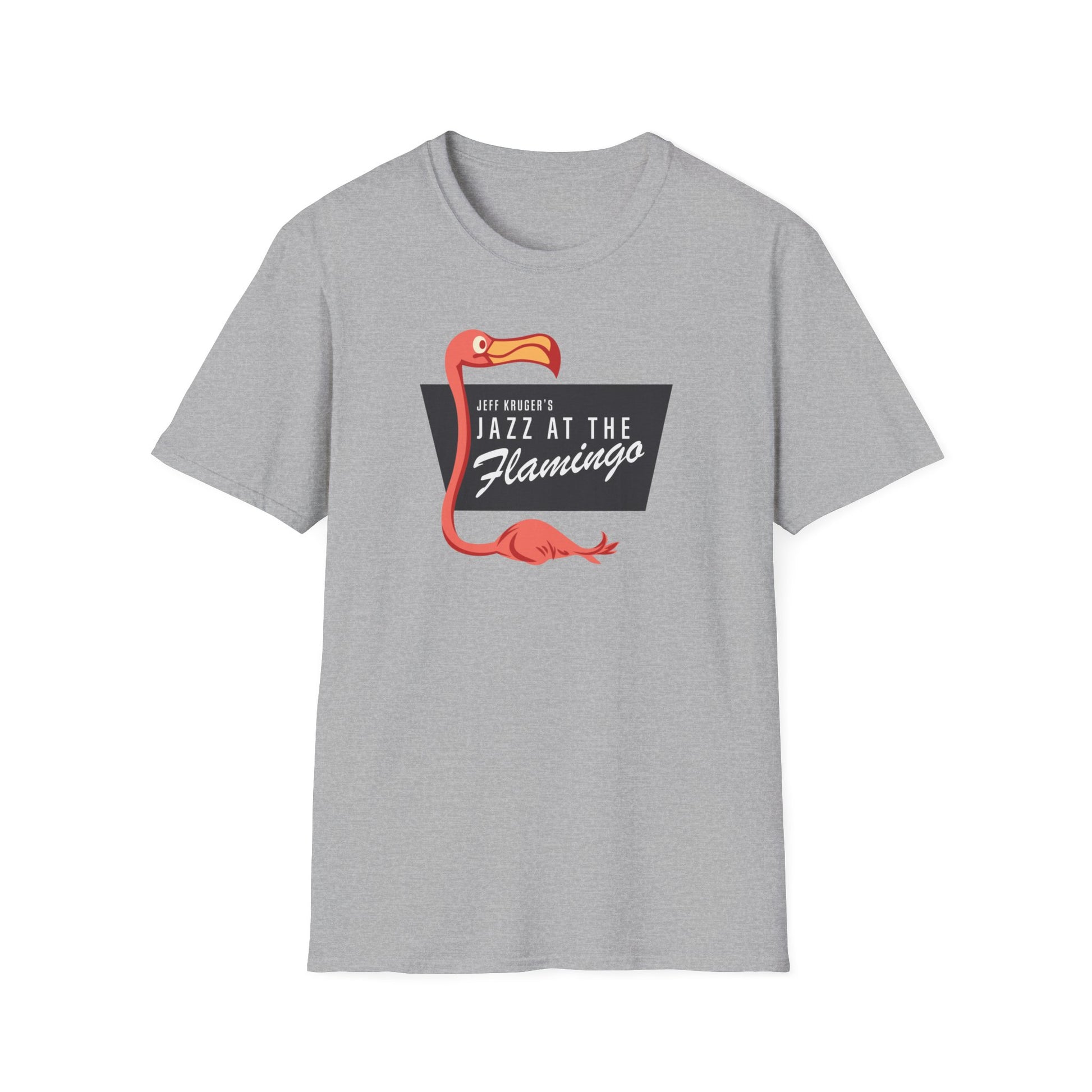 Grey t-shirt with a red flamingo and "Jeff Kruger's Jazz at the Flamingo" text.