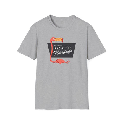 Grey t-shirt with a red flamingo and "Jeff Kruger's Jazz at the Flamingo" text.