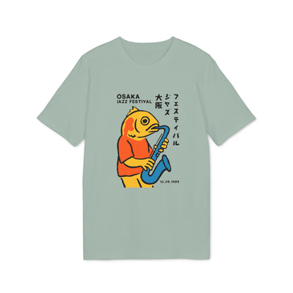 T-shirt graphic of a fish playing a saxophone with text "OSAKA JAZZ FESTIVAL" and "10.09.1989".