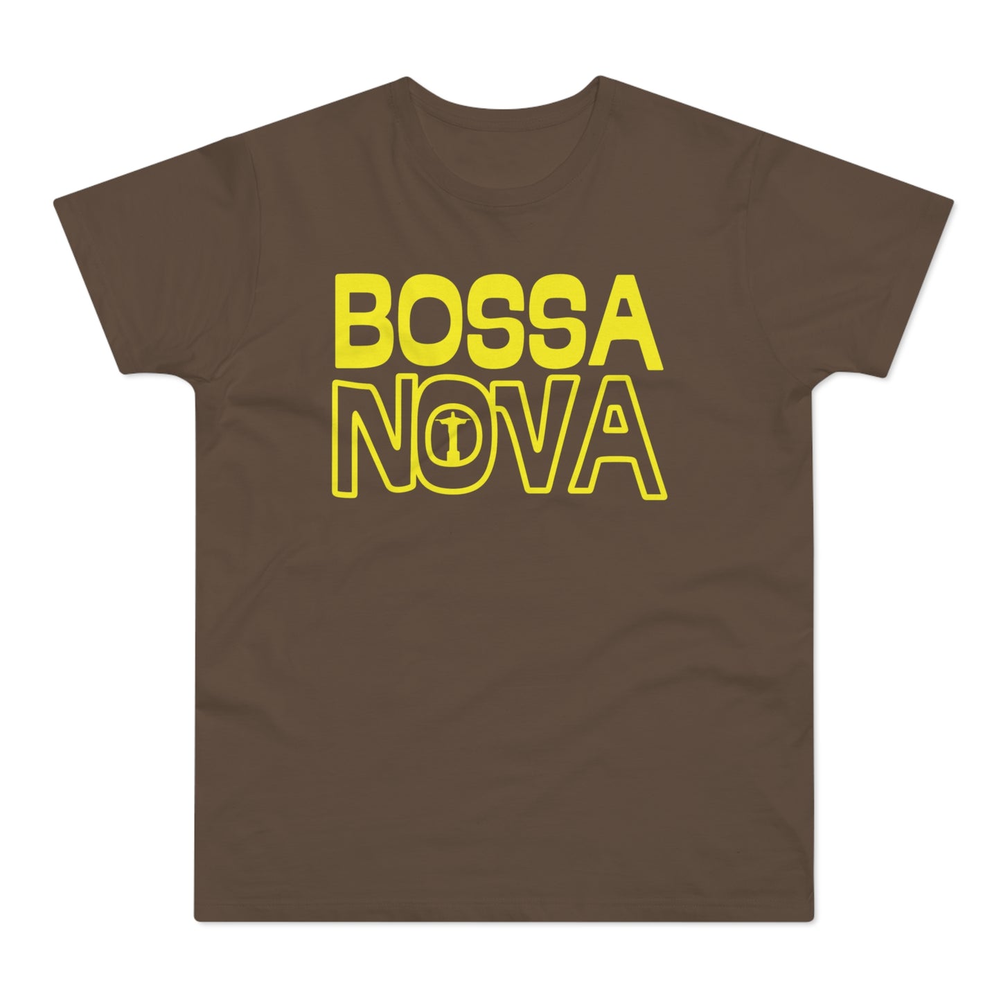 Brown t-shirt with yellow "BOSSA NOVA" text and Christ the Redeemer image.