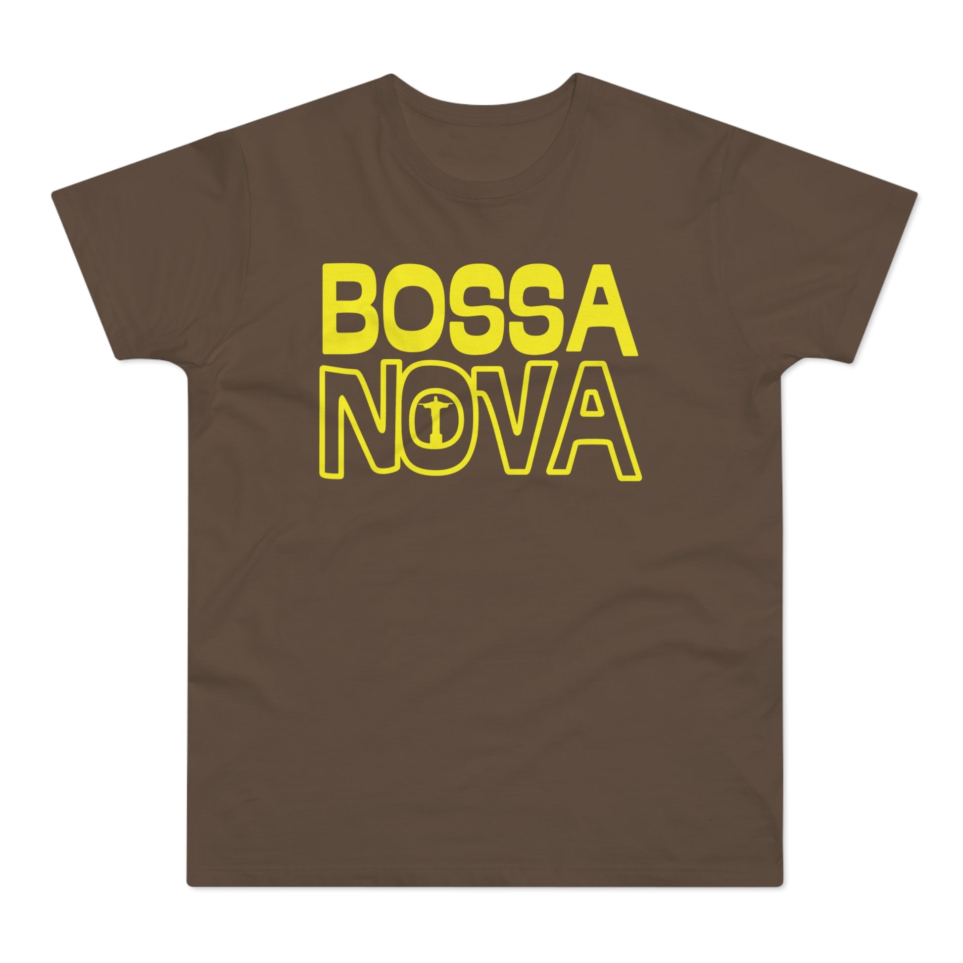 Brown t-shirt with yellow "BOSSA NOVA" text and Christ the Redeemer image.