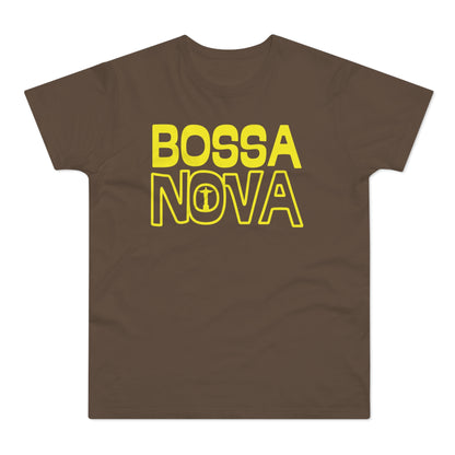 Brown t-shirt with yellow "BOSSA NOVA" text and Christ the Redeemer image.