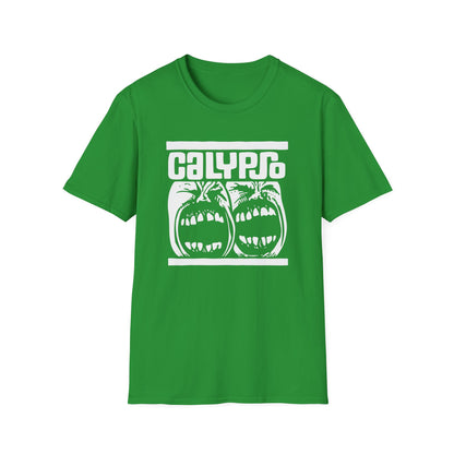 Green t-shirt with white "CALYPSO" text and two screaming faces graphic.
