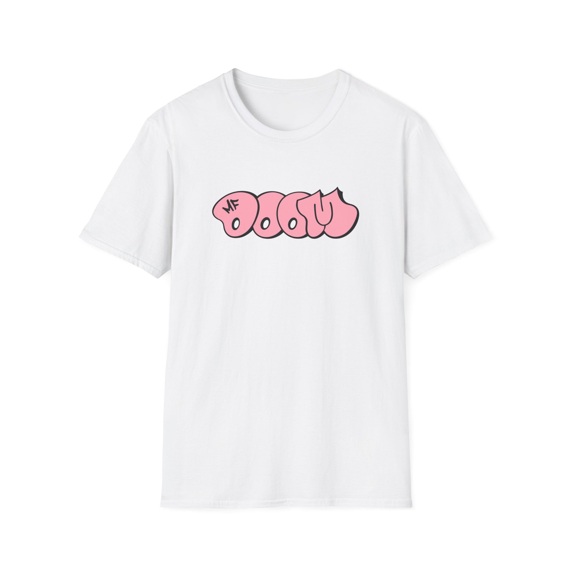 White t-shirt with pink graffiti-style "OGOSU" and "MF" logo.