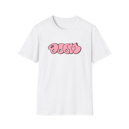 White t-shirt with pink graffiti-style "OGOSU" and "MF" logo.