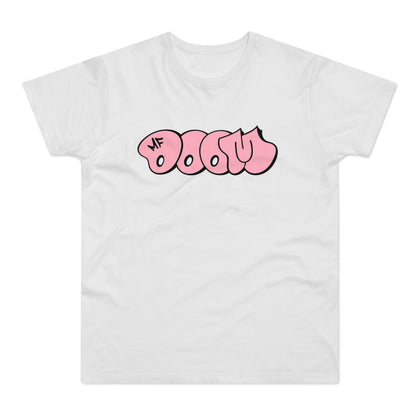 White t-shirt with MF DOOM bubble graffiti in pink.