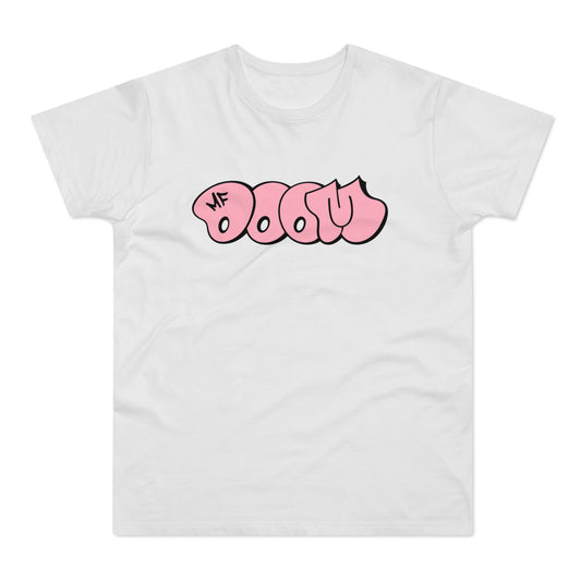 White t-shirt with MF DOOM bubble graffiti in pink.