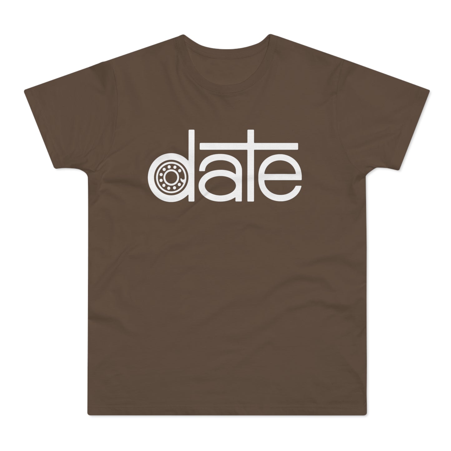 Brown t-shirt with white "date" graphic featuring a bearing symbol for the 'a'.