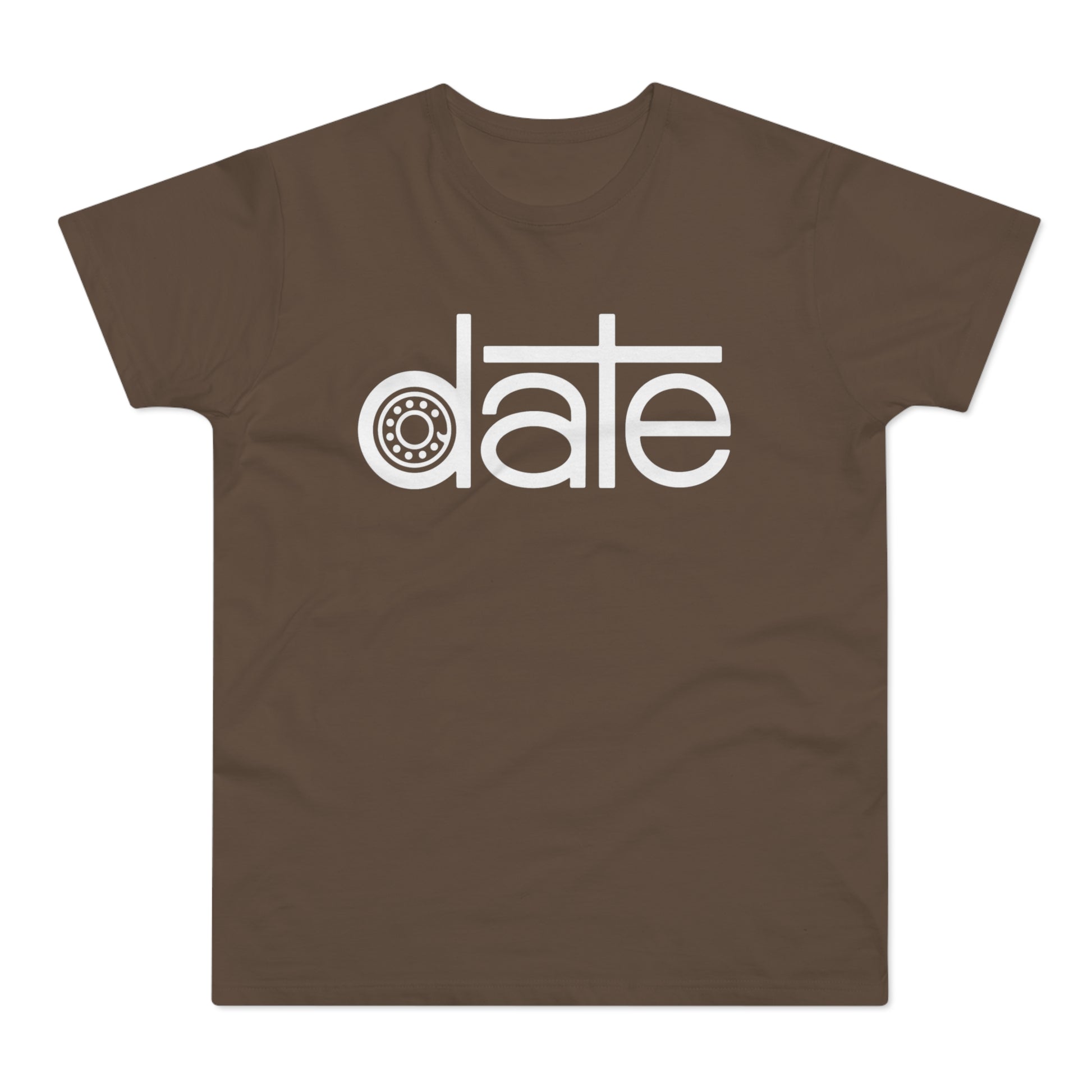 Brown t-shirt with white "date" graphic featuring a bearing symbol for the 'a'.