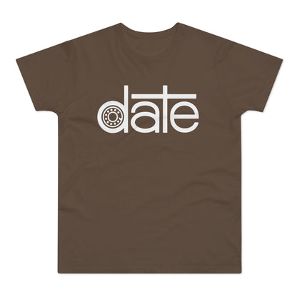 Brown t-shirt with white "date" graphic featuring a bearing symbol for the 'a'.