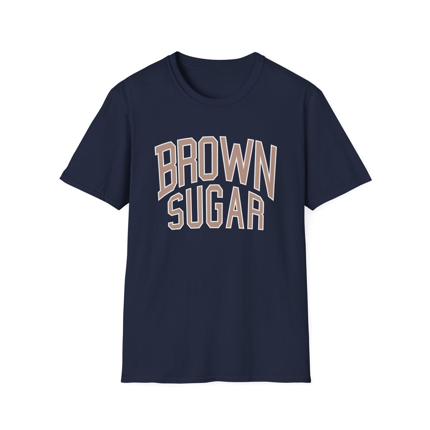 Navy t-shirt with "BROWN SUGAR" text in a collegiate style font.