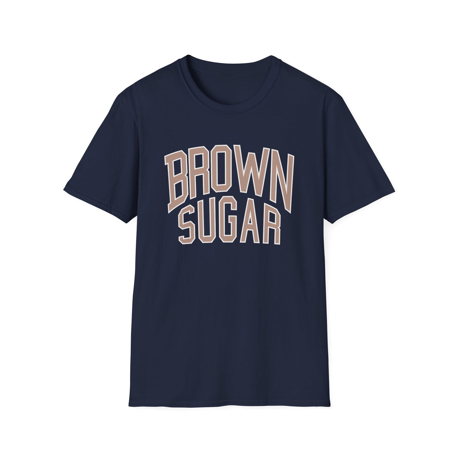Navy t-shirt with "BROWN SUGAR" text in a collegiate style font.