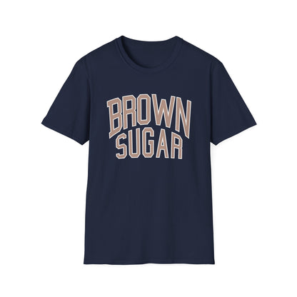 Navy t-shirt with "BROWN SUGAR" text in a collegiate style font.