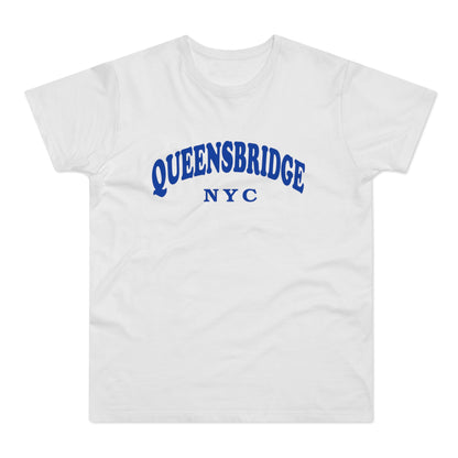 White t-shirt with "QUEENSBRIDGE NYC" in blue arched text on the chest.