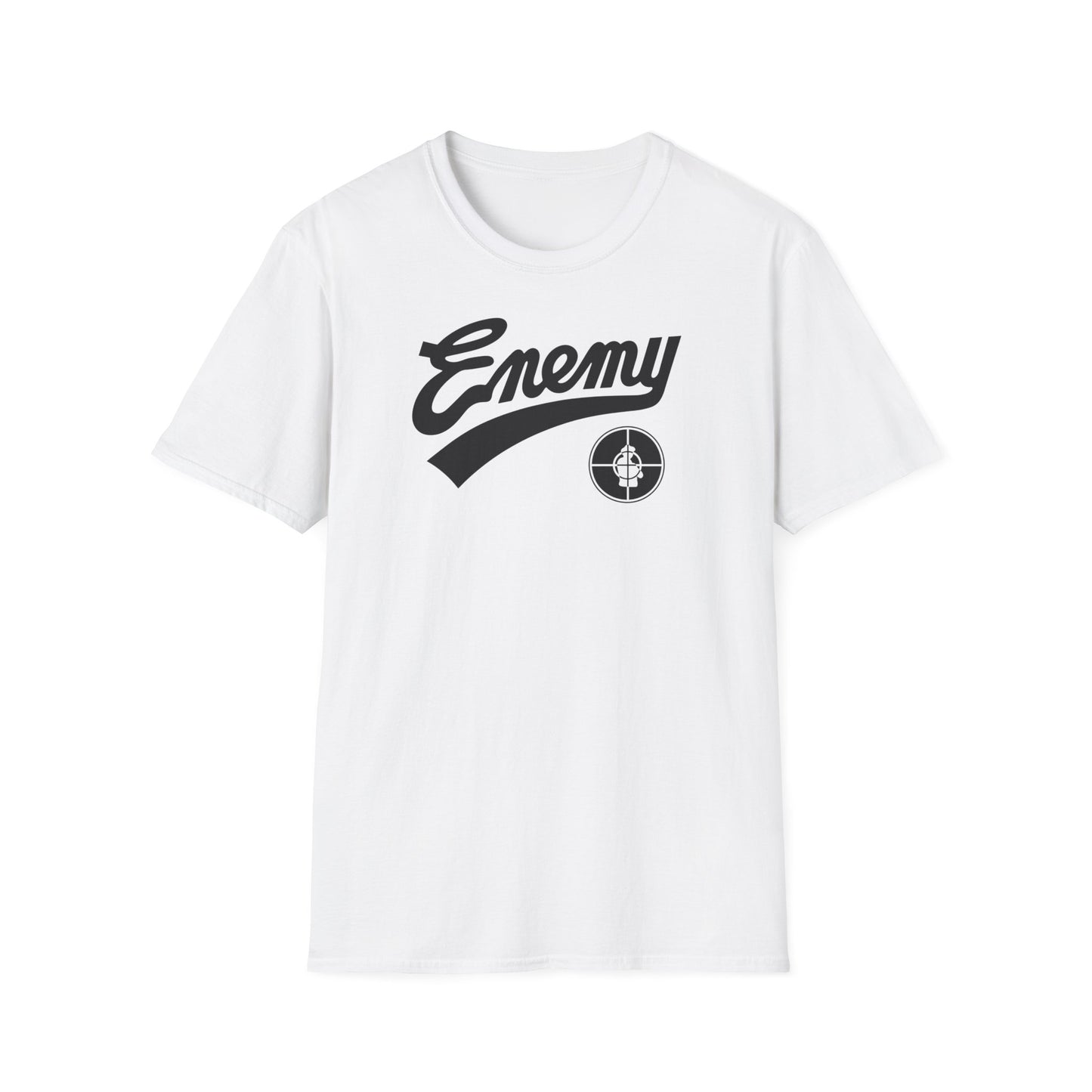 White t-shirt with black "Enemy" logo and a circular target emblem.