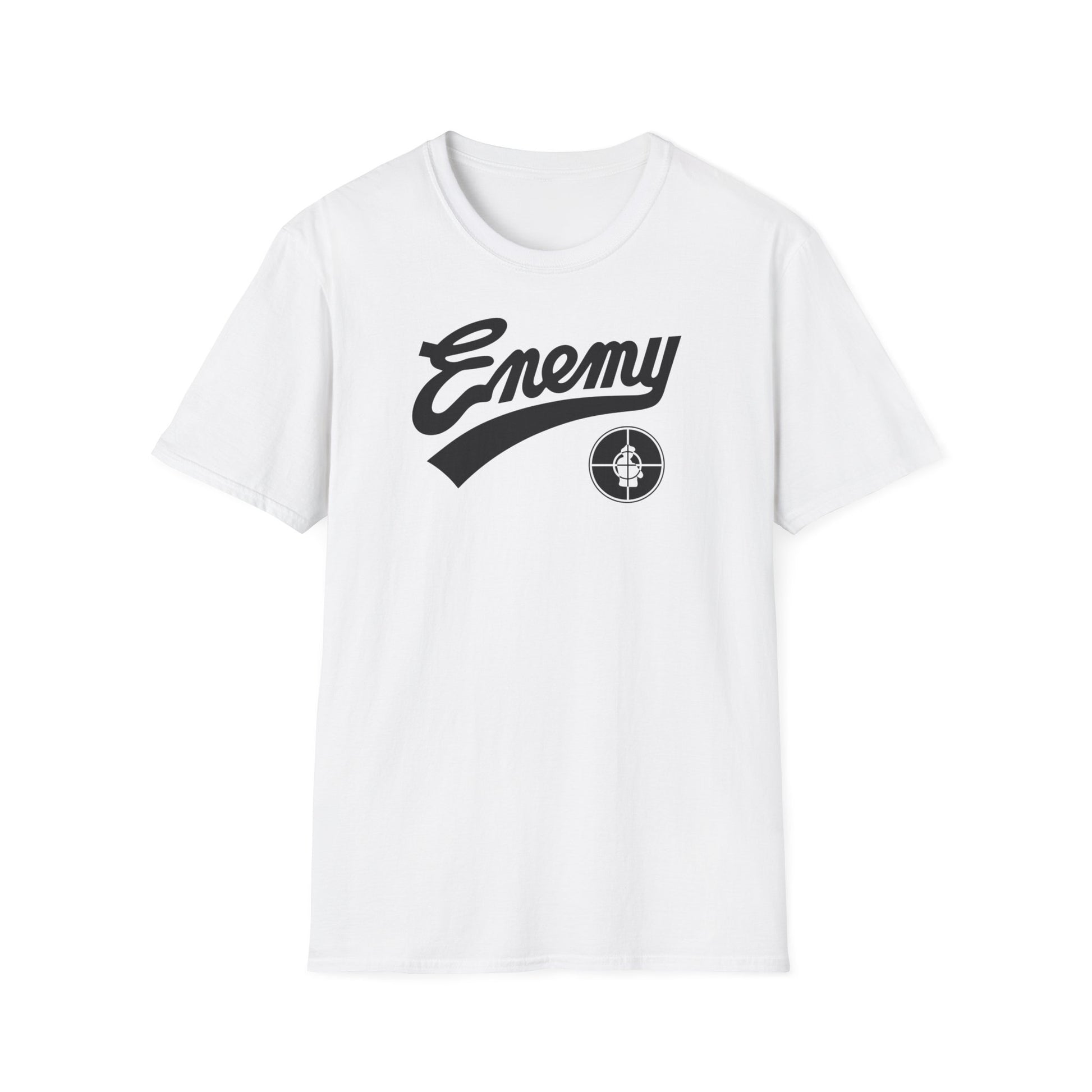 White t-shirt with black "Enemy" logo and a circular target emblem.